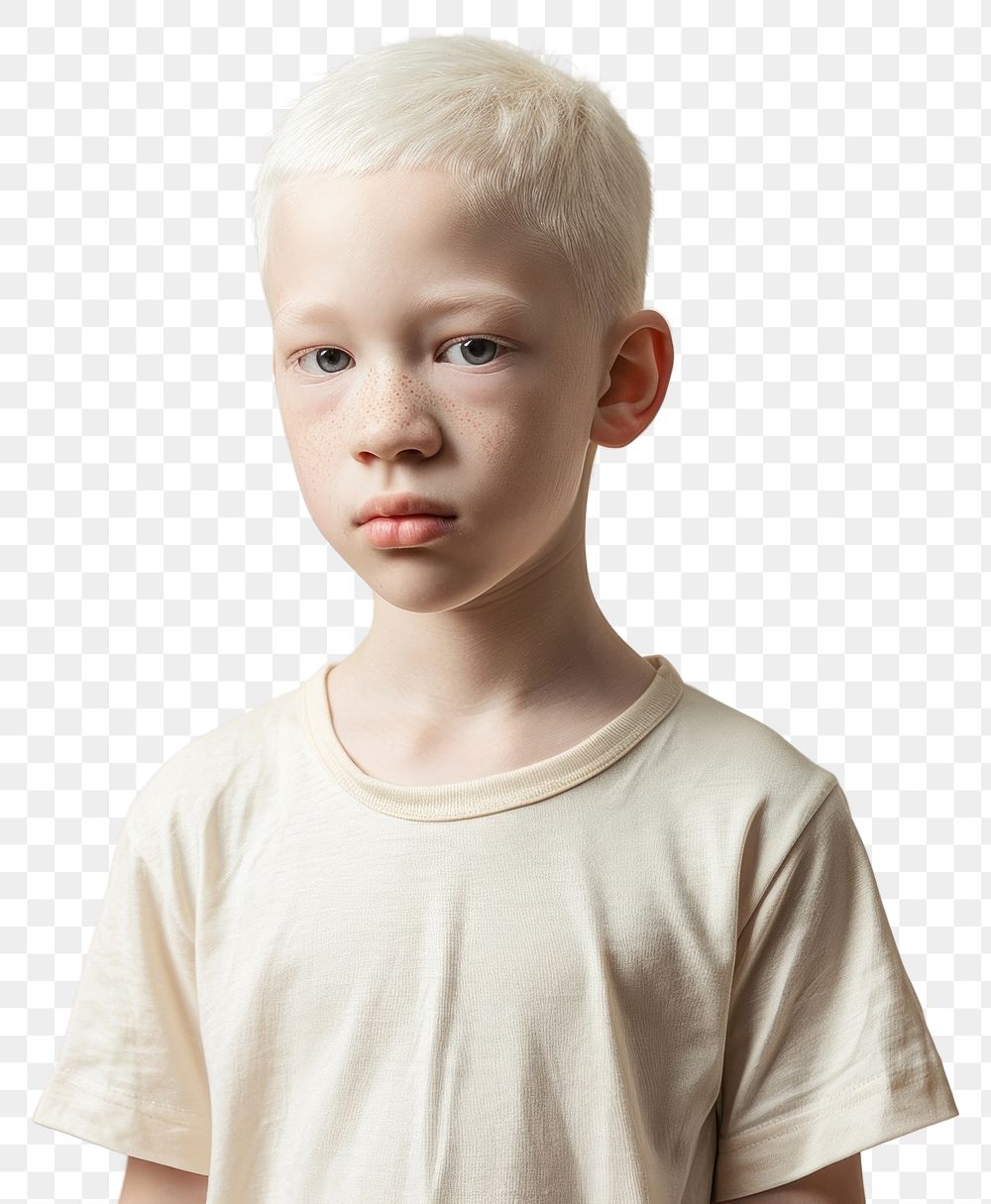 PNG A albino kid wear cream t shirt portrait child photo.