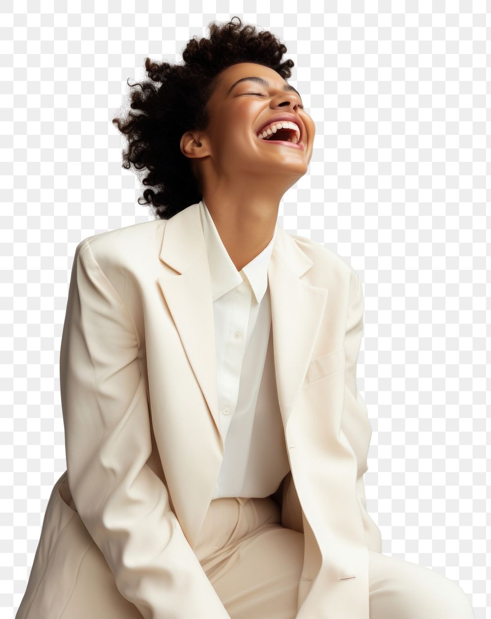 PNG A happy mixed race african american woman wear cream casual suit laughing fashion adult.