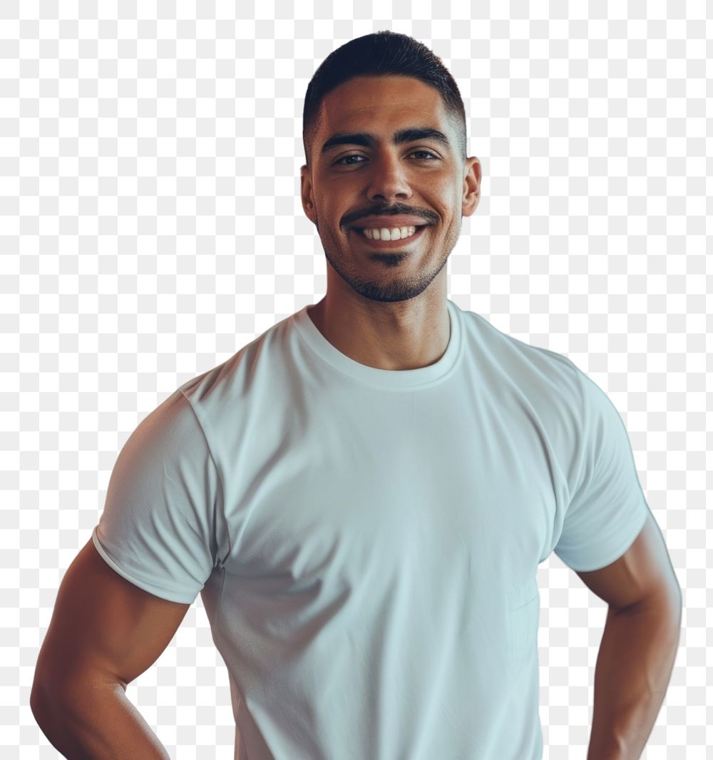PNG  Happy hispanic man wear white sport t-shirt portrait sports smile.