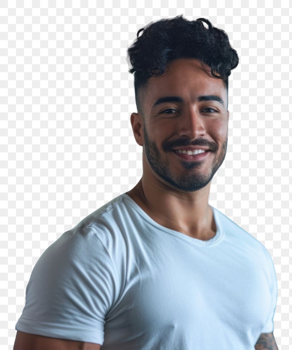 PNG  Happy hispanic man wear white sport t-shirt portrait sports smile.