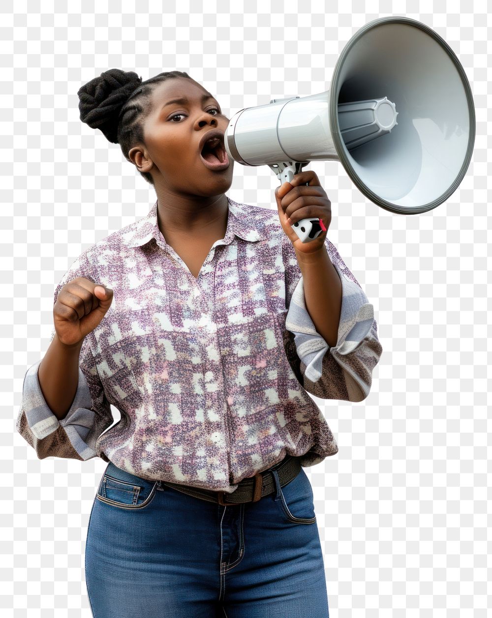 PNG African woman use Megaphone shouting adult white background.