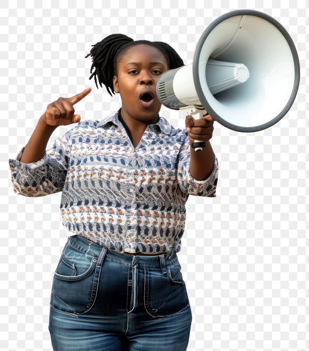 PNG African woman use Megaphone adult white background performance.