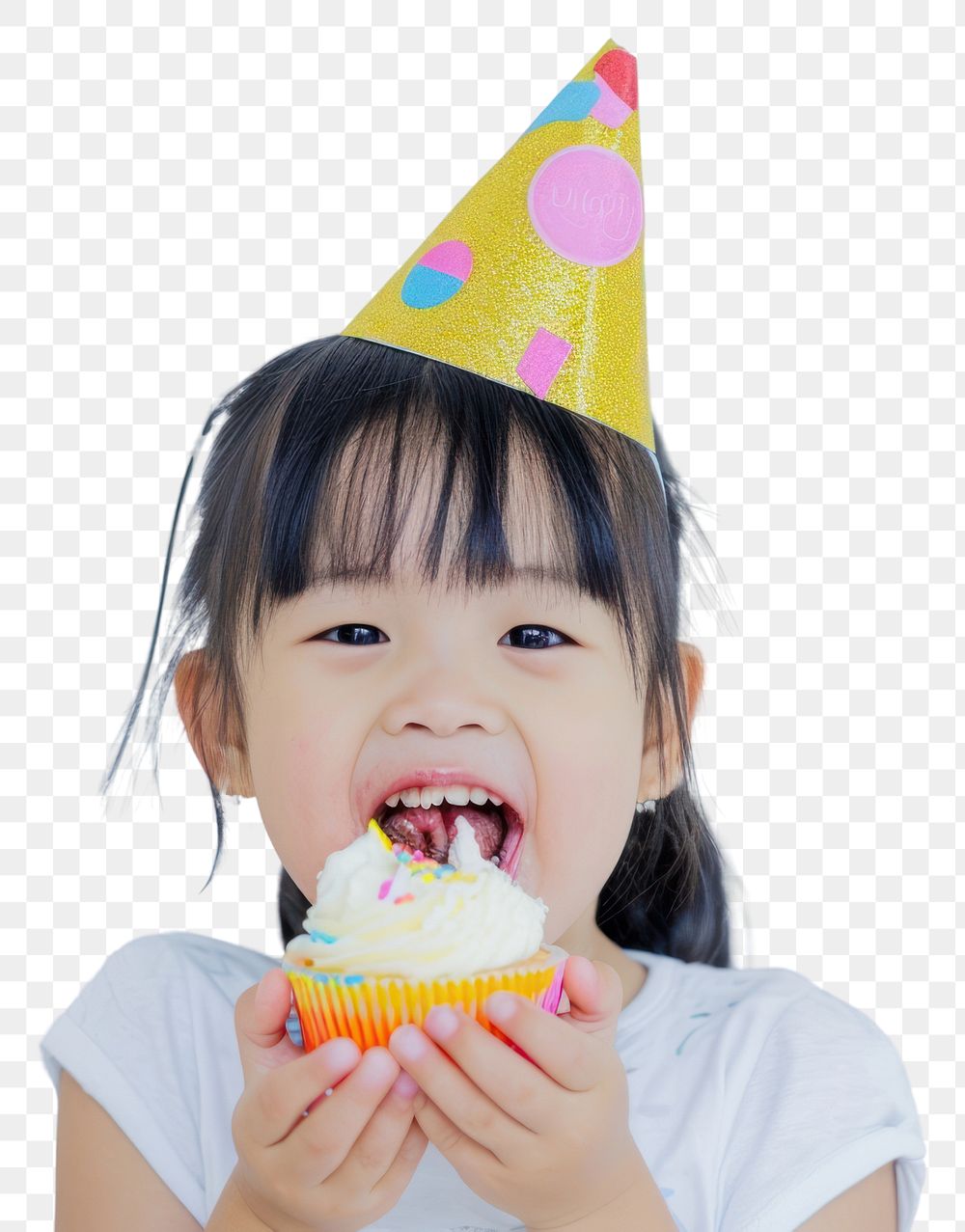 PNG  Asia girl eatting cupcake birthday portrait baby.