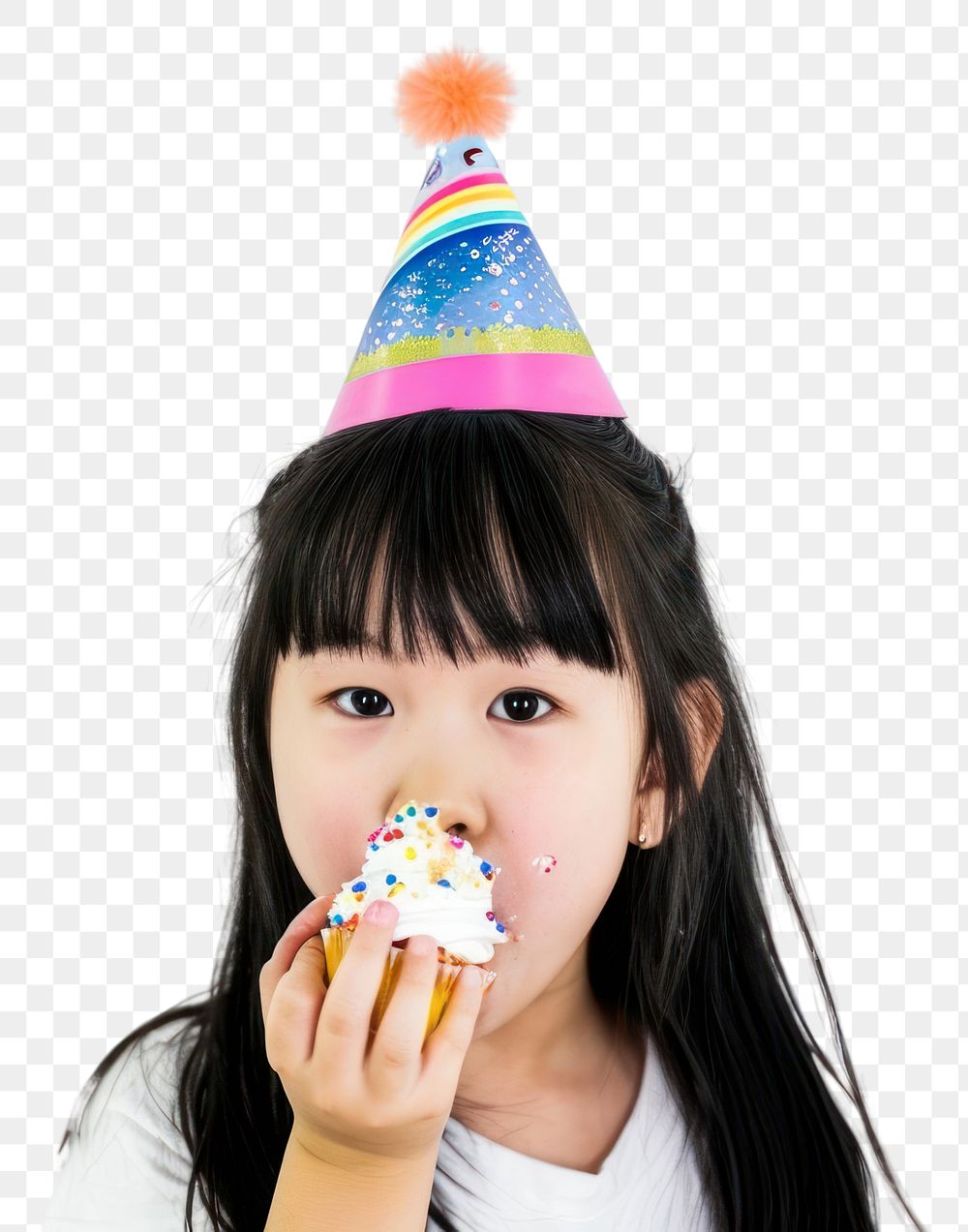 PNG  Asia girl eatting cupcake portrait birthday food.