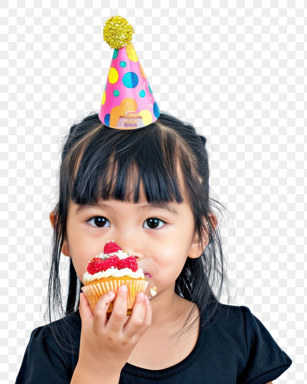 PNG  Asia girl eatting cupcake birthday portrait eating.