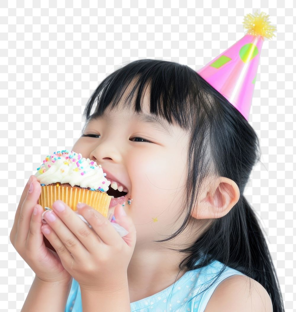PNG  Asia girl eatting cupcake portrait birthday child.