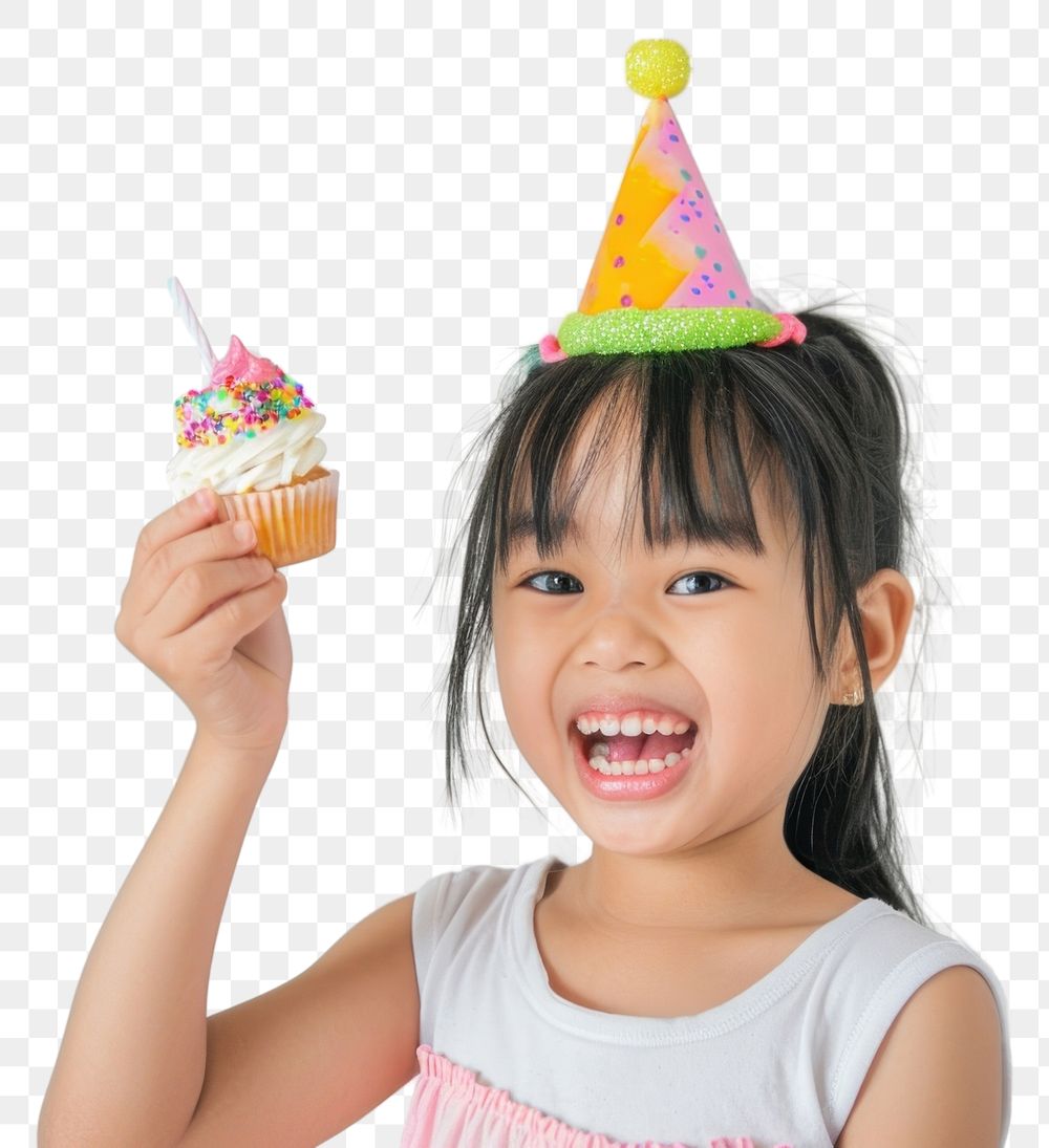 PNG  Asia girl eatting cupcake portrait birthday dessert.