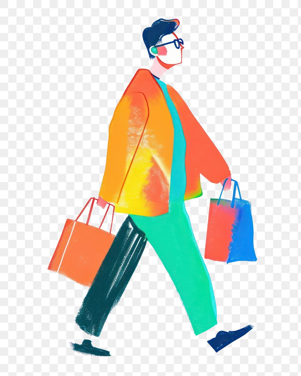 PNG Man walking enjoy music with shopping adult bag white background.