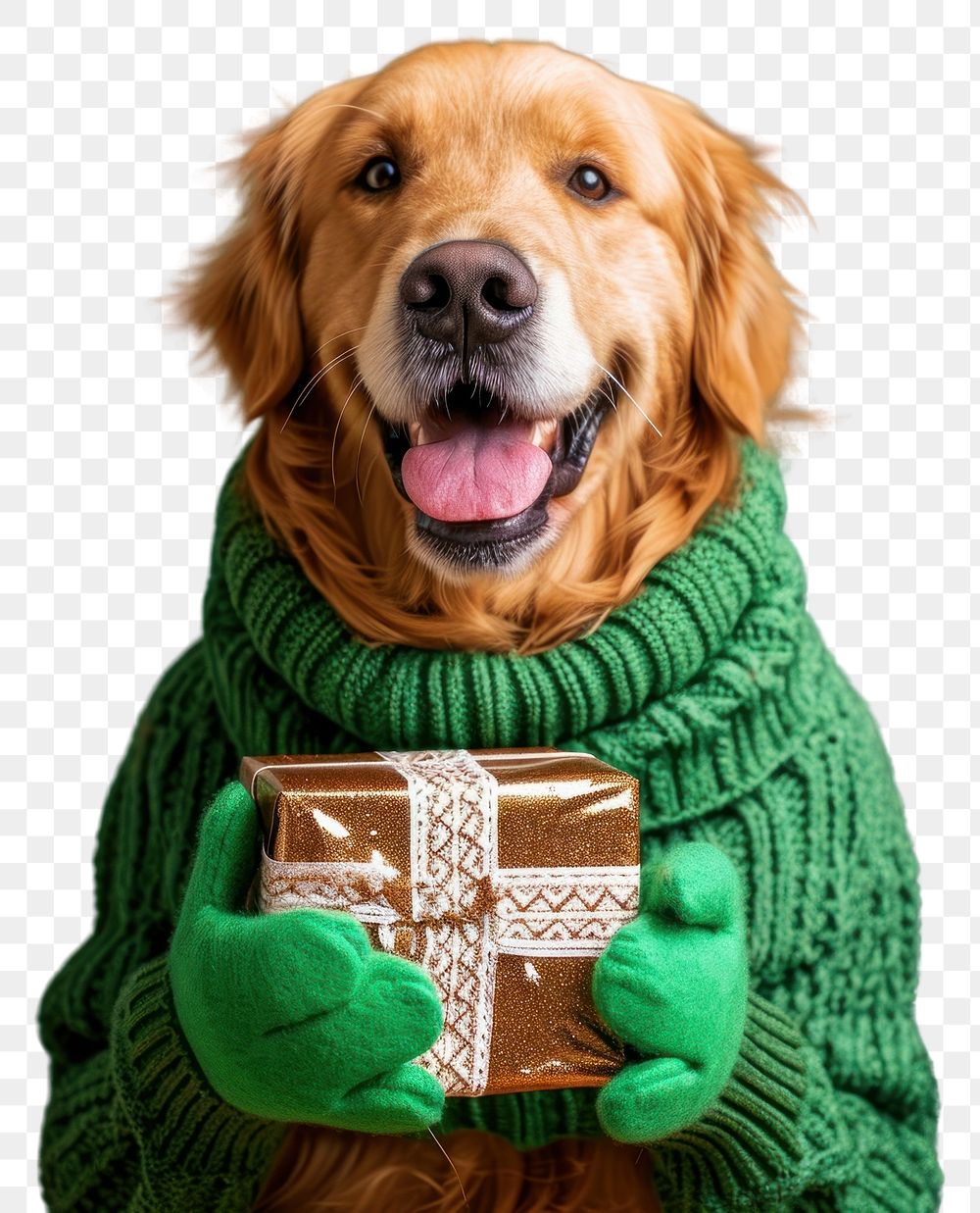 PNG  Golden retriever wearing green sweater and gloves portrait holding mammal.