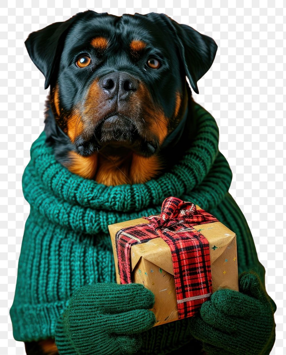 PNG  Rottweiler wearing green sweater and gloves portrait mammal animal.
