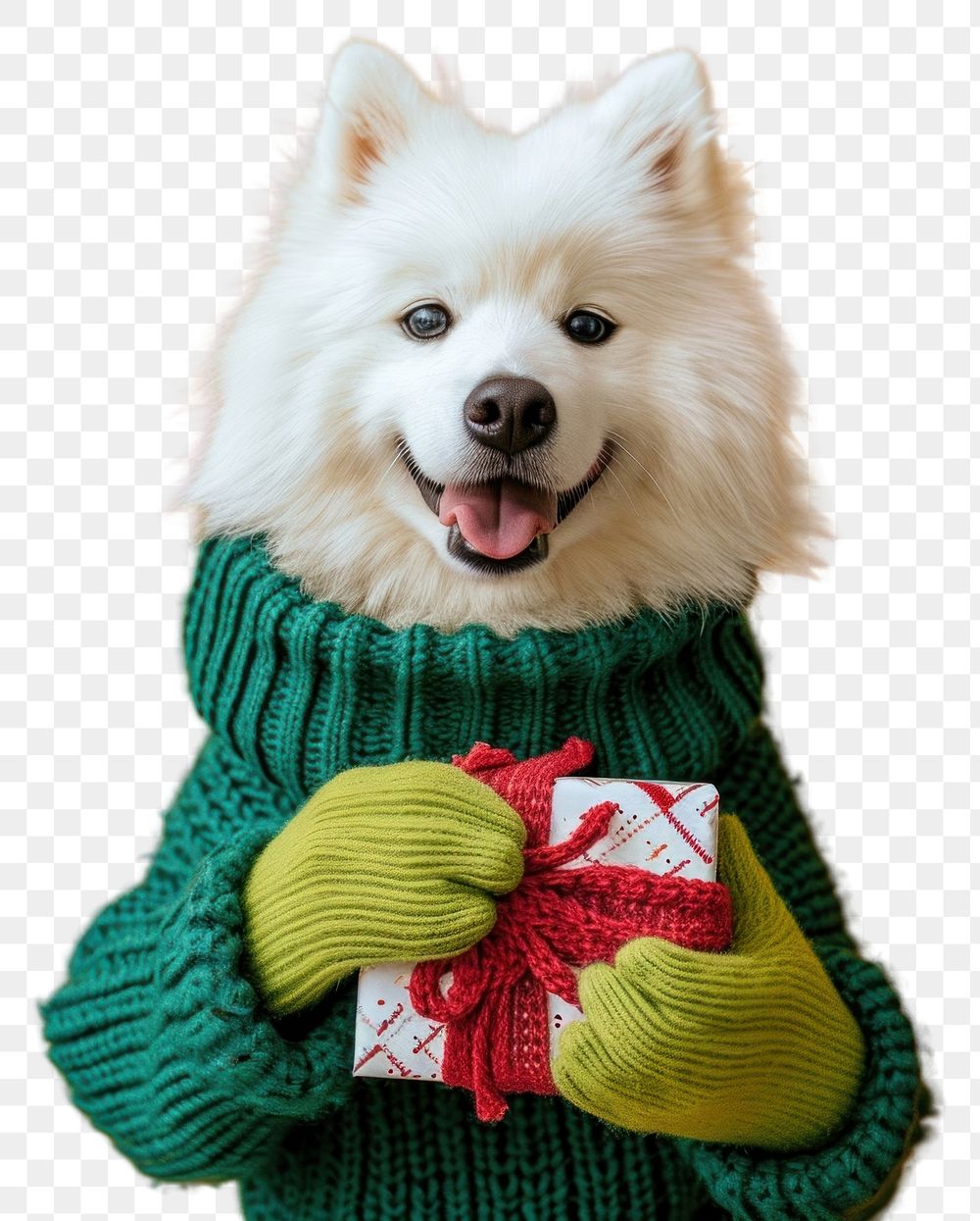 PNG  Samoyed wearing green sweater and gloves portrait mammal animal.