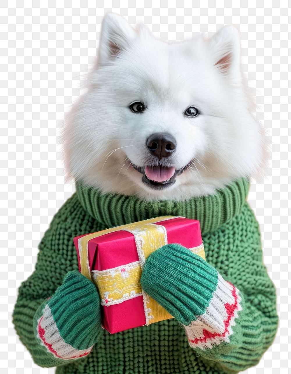 PNG  Samoyed wearing green sweater and gloves portrait holding mammal.