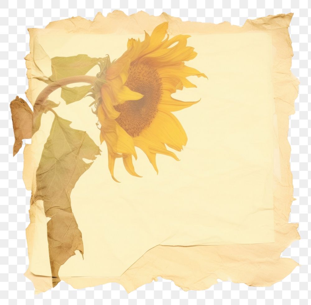 PNG  Sunflower ripped paper plant text white background.