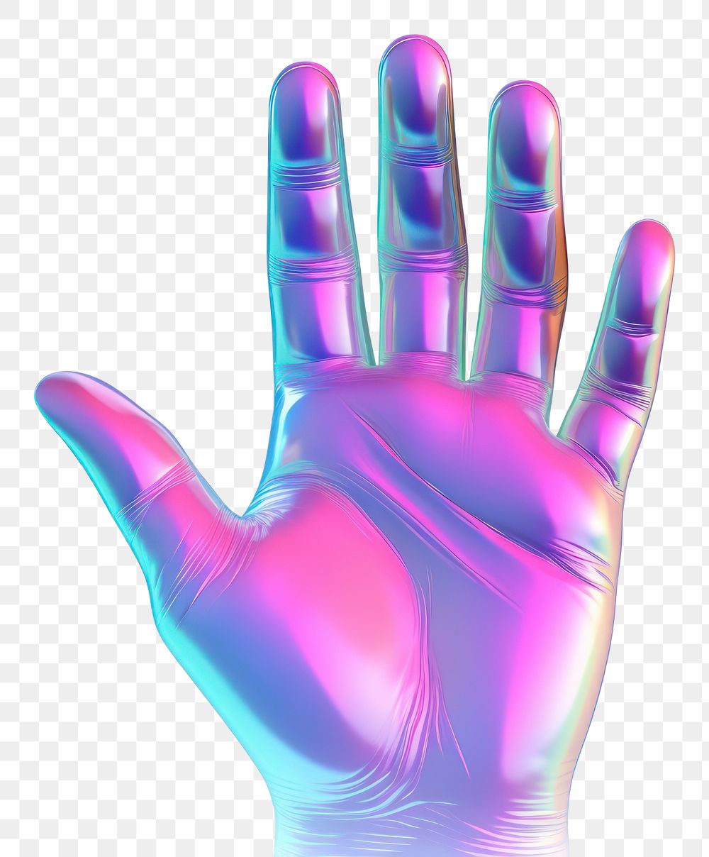 PNG A hand icon iridescent purple glove white background.