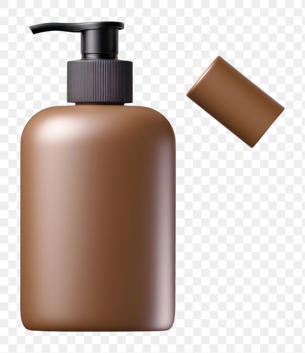 PNG  Transparent-Opaque SHAMPOO BOTTLE with pump in tea brown color bottle simplicity cosmetics. AI generated Image by…