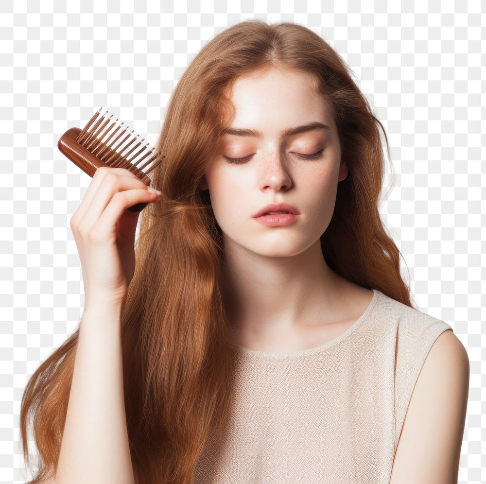 PNG  The woman is brushing her hair white background contemplation studio shot. AI generated Image by rawpixel.