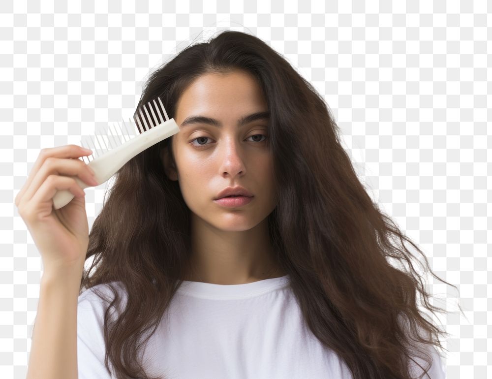 PNG  The woman is brushing her hair white studio shot toothbrush. AI generated Image by rawpixel.