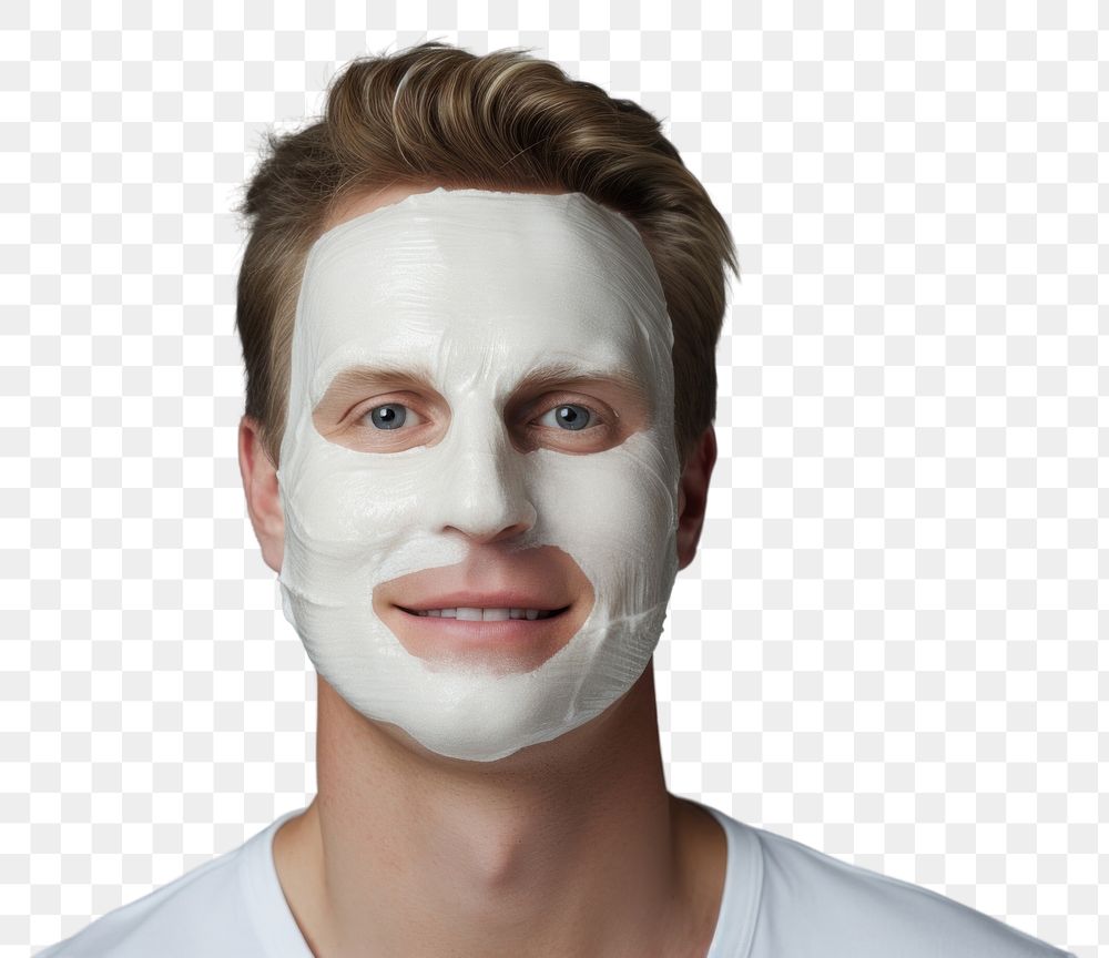 PNG  Close-up facial mask smiling portrait of a man with a face mask photography adult studio shot. AI generated Image by…