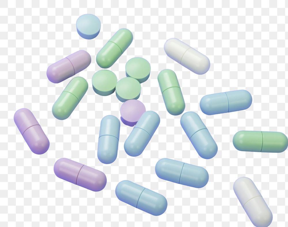 PNG Pills and capsules purple green blue.