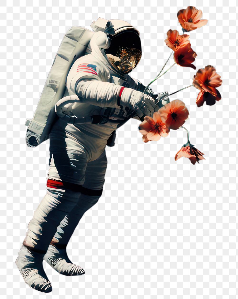 PNG  Astronaut floating with flower outdoors sports night. AI generated Image by rawpixel.
