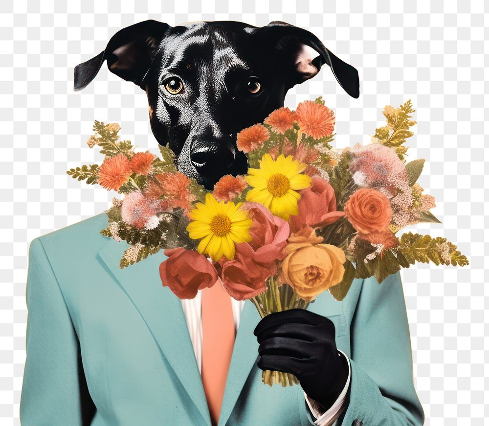 PNG Collage Retro dreamy dog holding bouquet animal mammal flower.