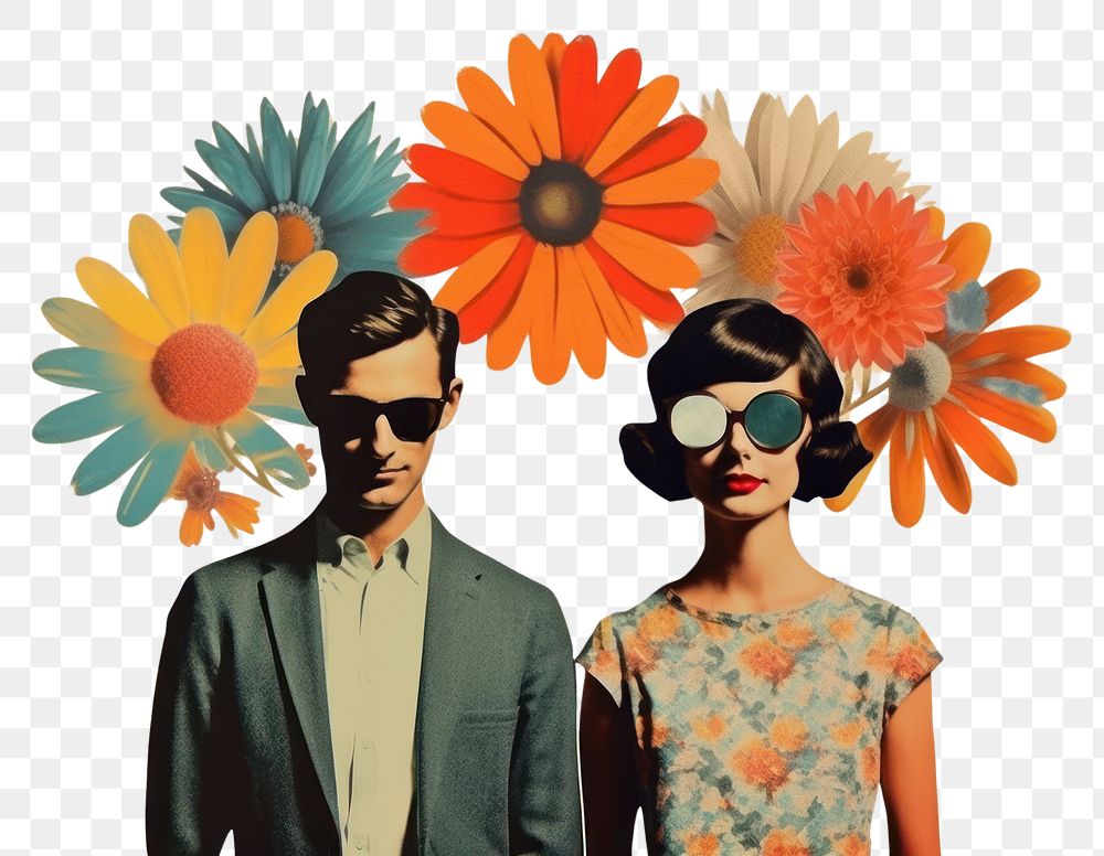 PNG Ollage Retro dreamy couple flower art glasses.