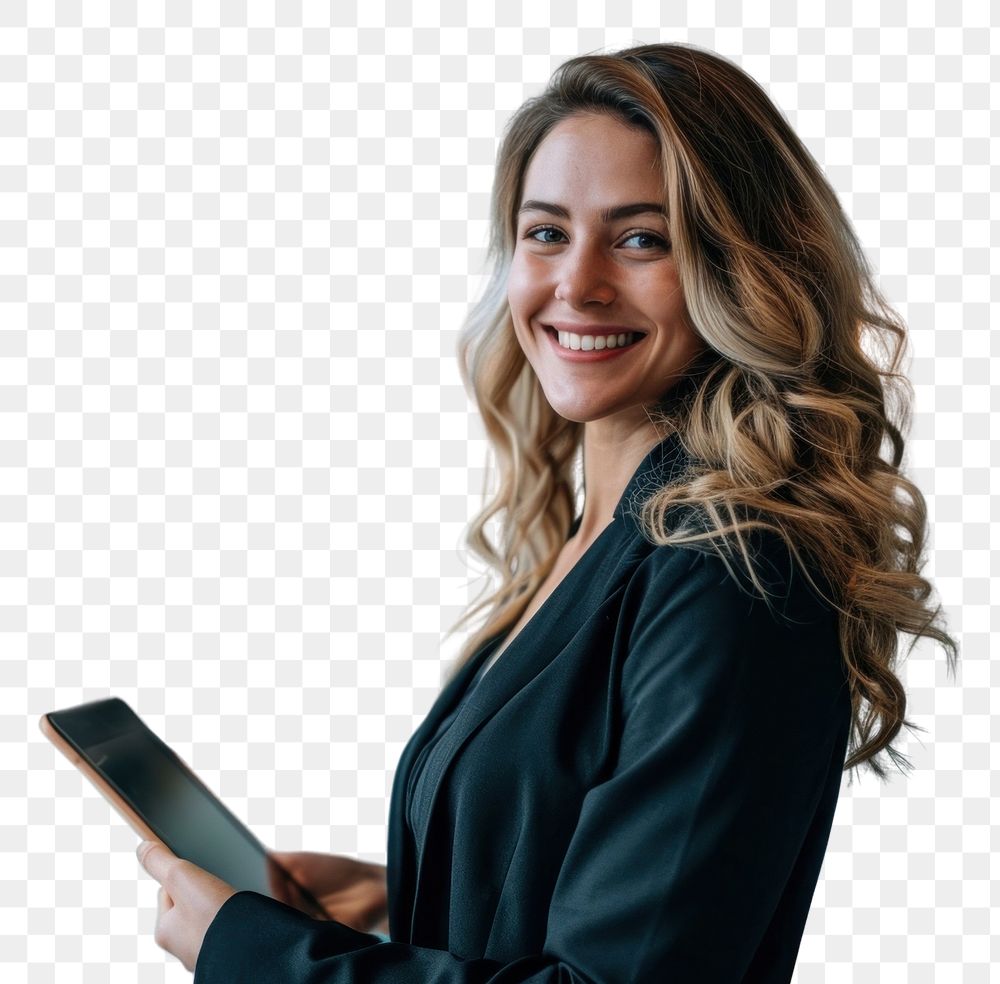PNG  Caucasian business woman smiling whild holding a tablet office smile adult
