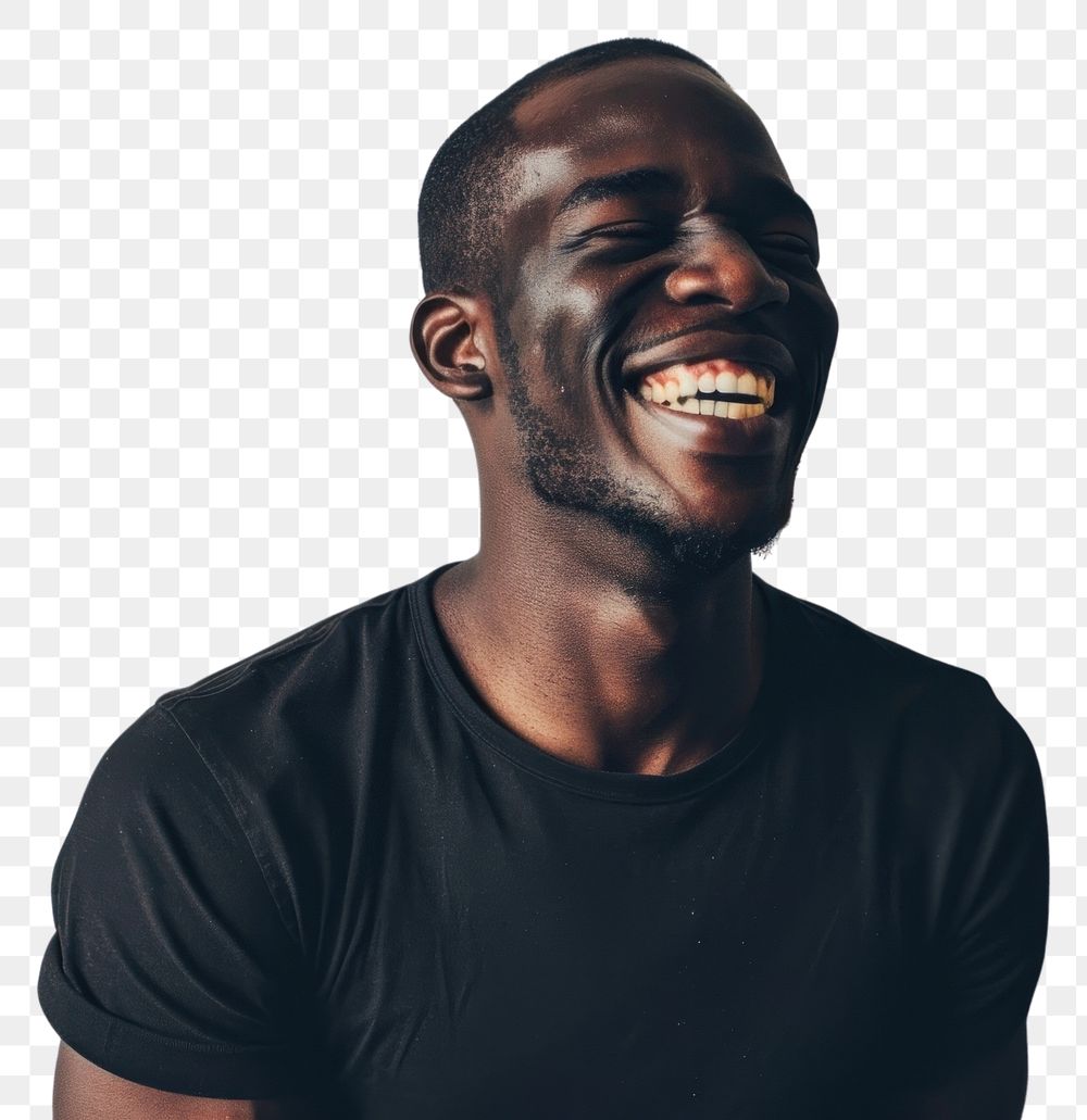PNG  Black man laughing adult smile hairstyle. AI generated Image by rawpixel.