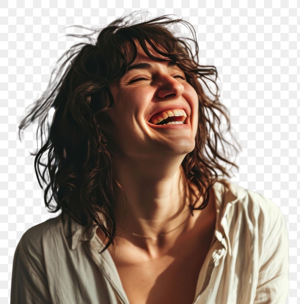 PNG  Brunette woman laughing adult contemplation accessories. AI generated Image by rawpixel.
