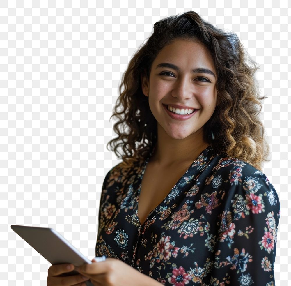 PNG  Hispanic woman smiling whild holding a tablet smile adult entrepreneur