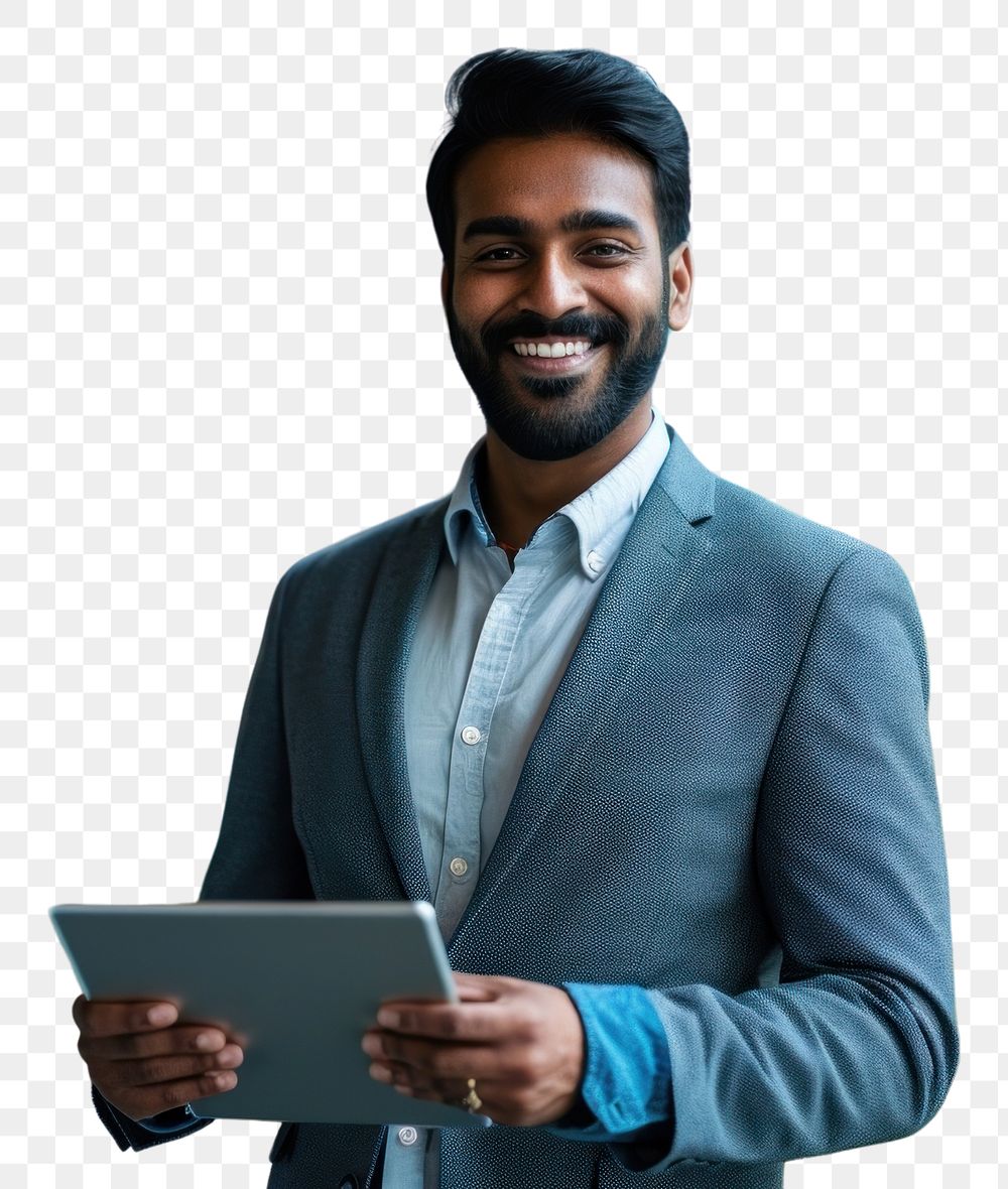 PNG  Indian business man smiling whild holding a tablet computer office adult