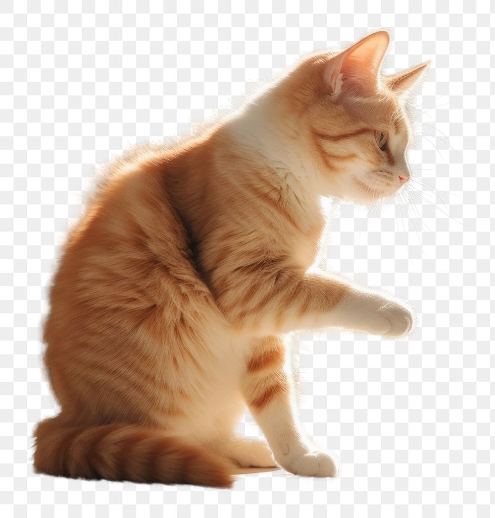 PNG Orange cat sitting on the floor and getting a treat windowsill sunlight mammal. AI generated Image by rawpixel.