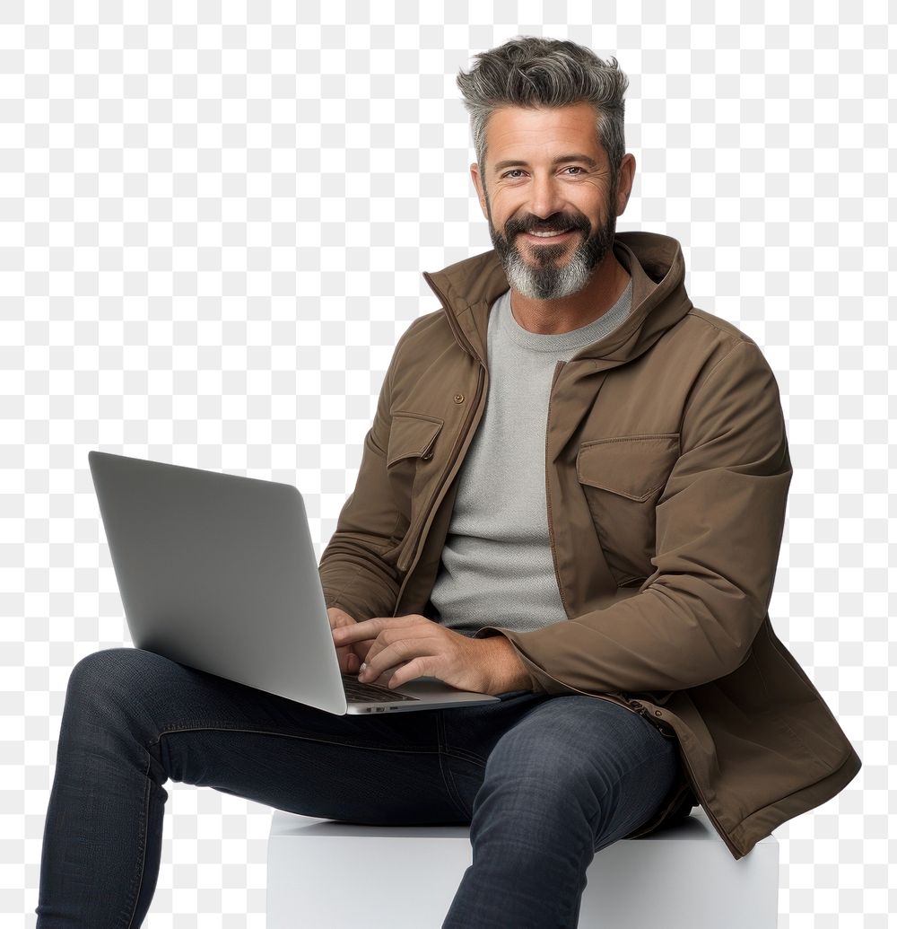 PNG Man holding laptop computer sitting adult.