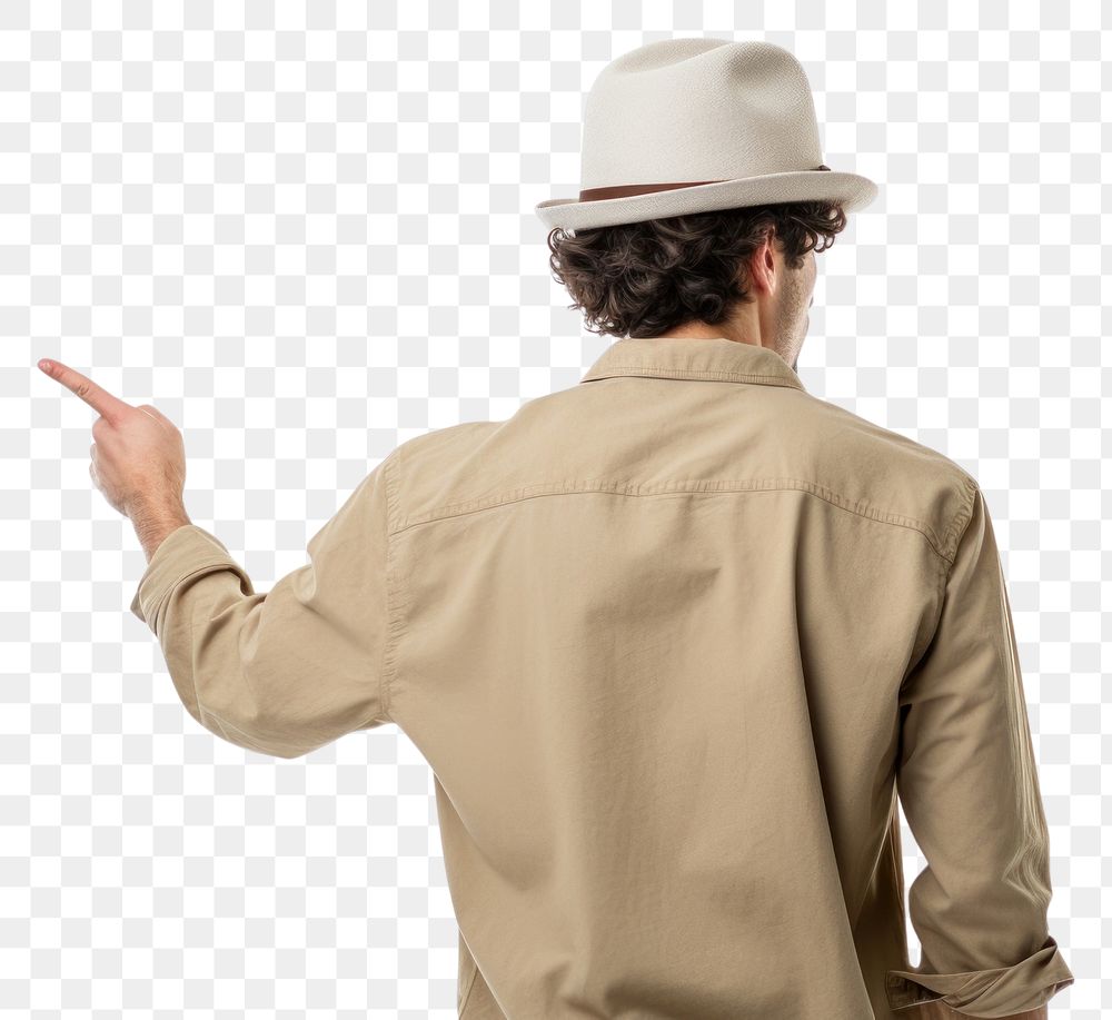 PNG Man pointing to the back hardhat adult white background.