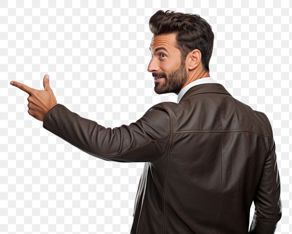 PNG Man pointing to the back adult white background hairstyle.