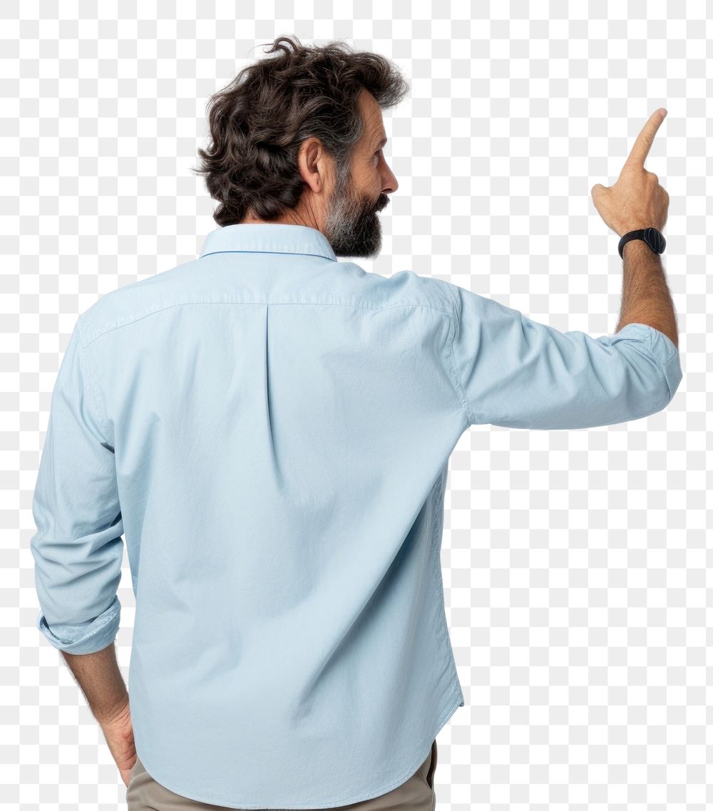 PNG Man pointing to the back sleeve finger shirt.