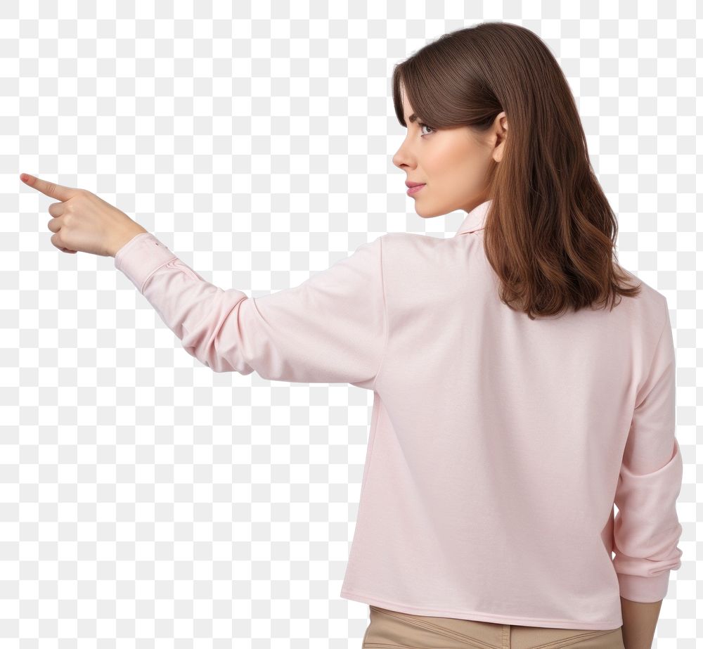 PNG Woman pointing to the back sleeve blouse white background.