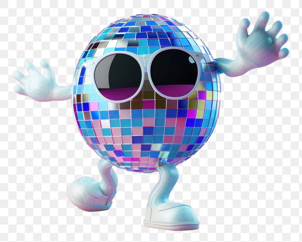 PNG 3d disco ball character sunglasses cartoon sphere.