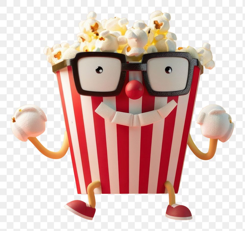 PNG 3d popcorn bucket character glasses cartoon snack.
