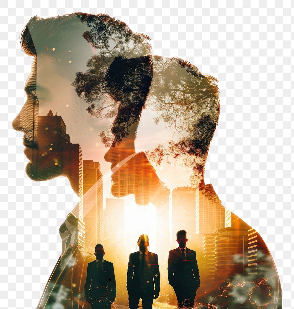 PNG Double exposure photography businessman and teamwork silhouette outdoors sunlight.