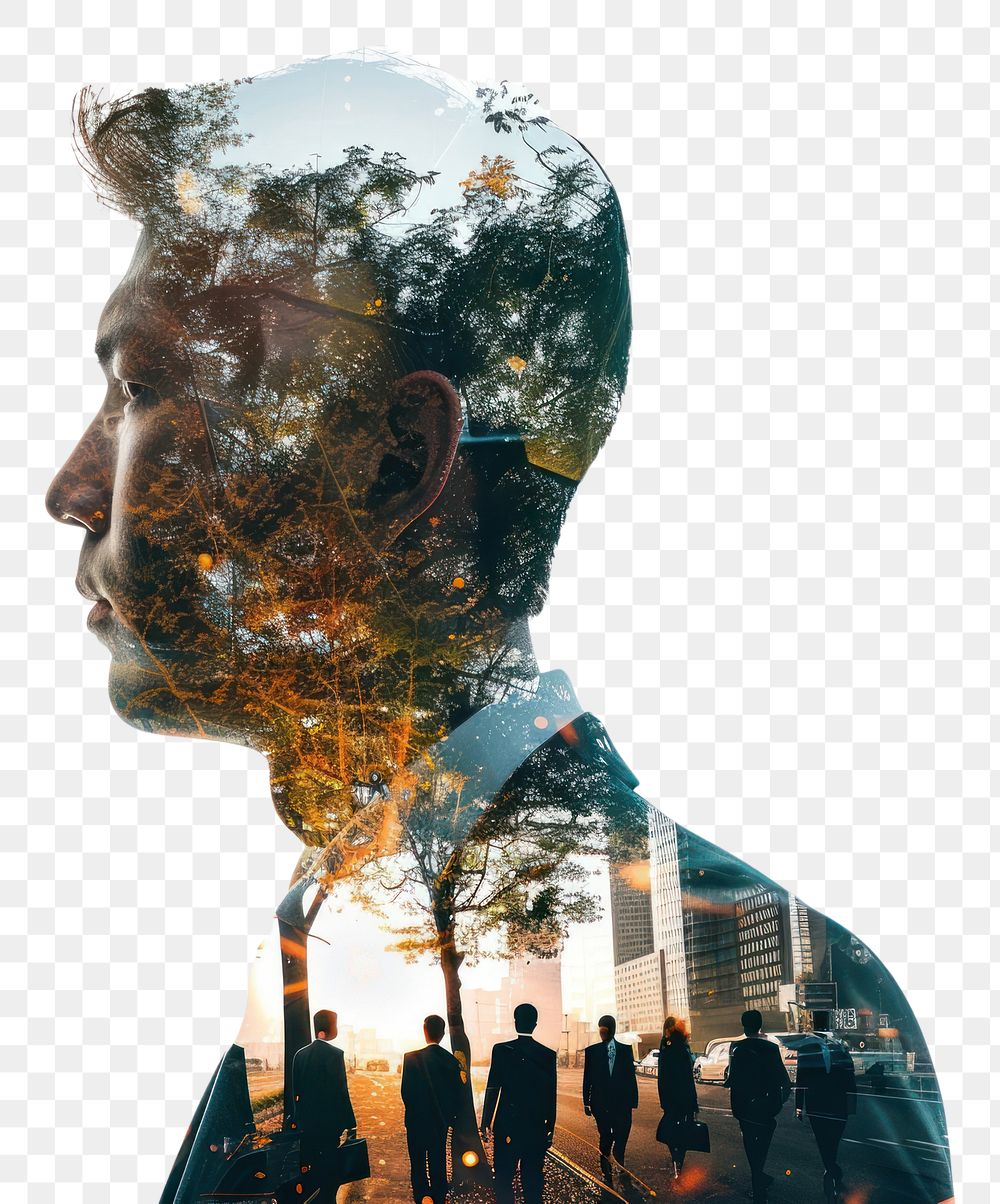 PNG Double exposure photography businessman and teamwork portrait white background transportation.