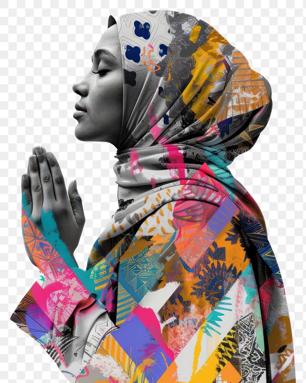 PNG Paper collage of Muslim praying portrait adult art.