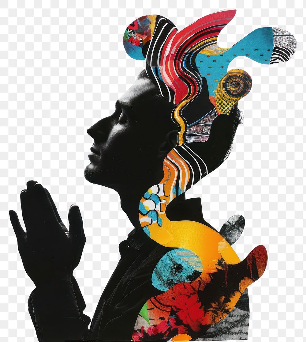 PNG Paper collage of man praying art silhouette poster.