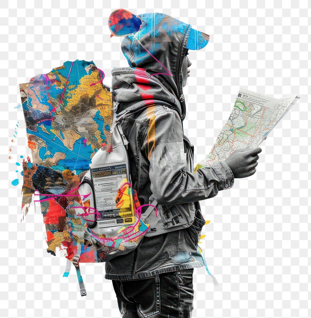 PNG Backpacker holding map art collage paper.