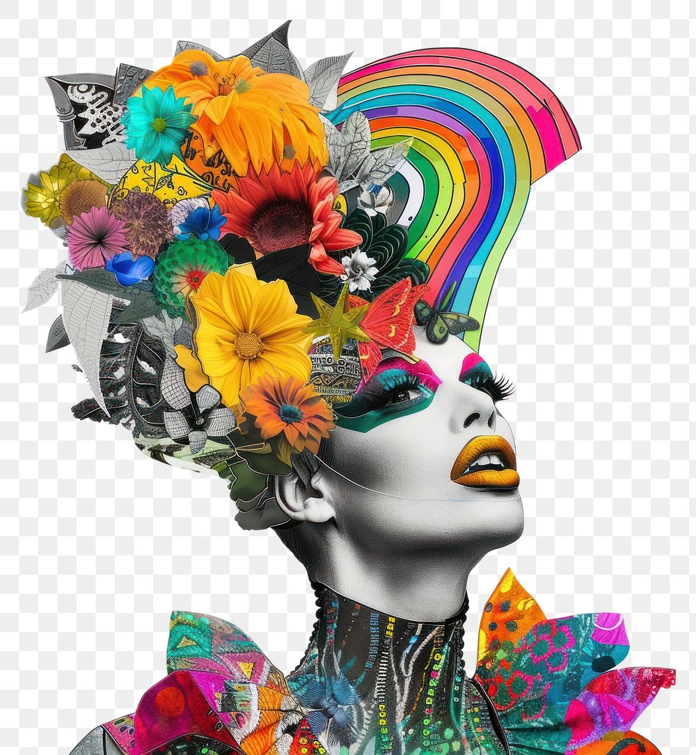 PNG Paper collage of drag queen flower art portrait.