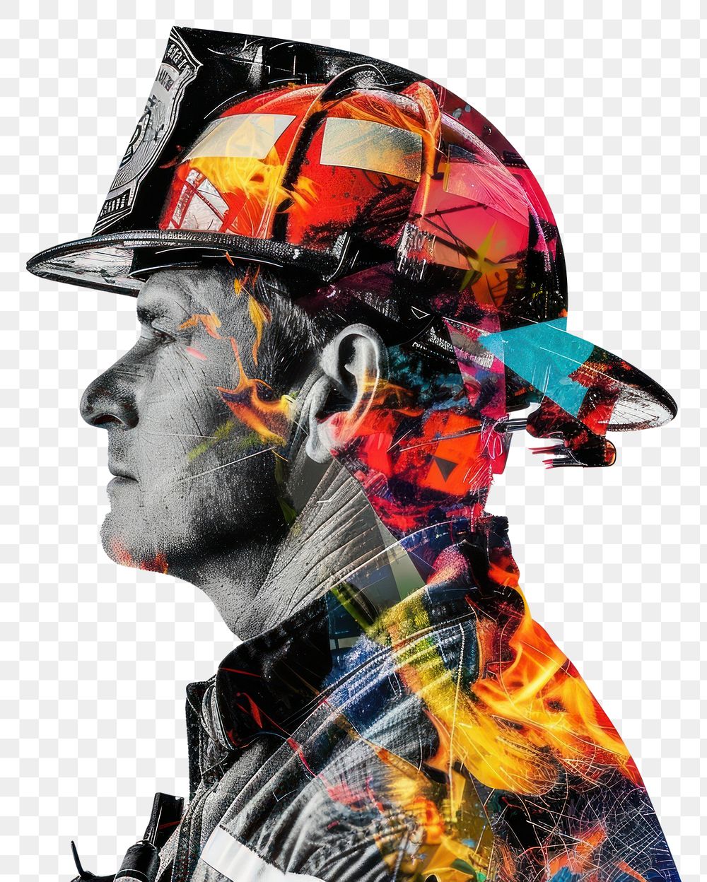 PNG Collage of fire fighter art abstract painting.