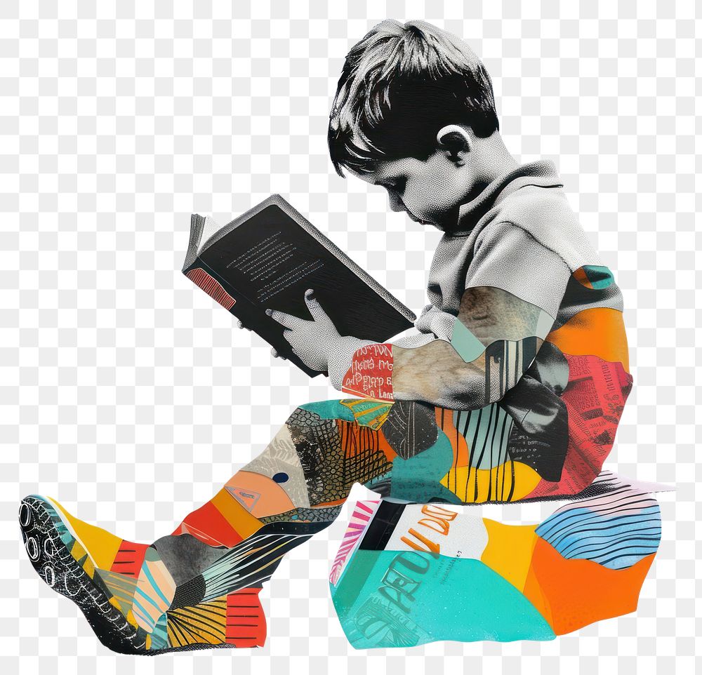 PNG Paper collage of kid reading book sitting art advertisement.