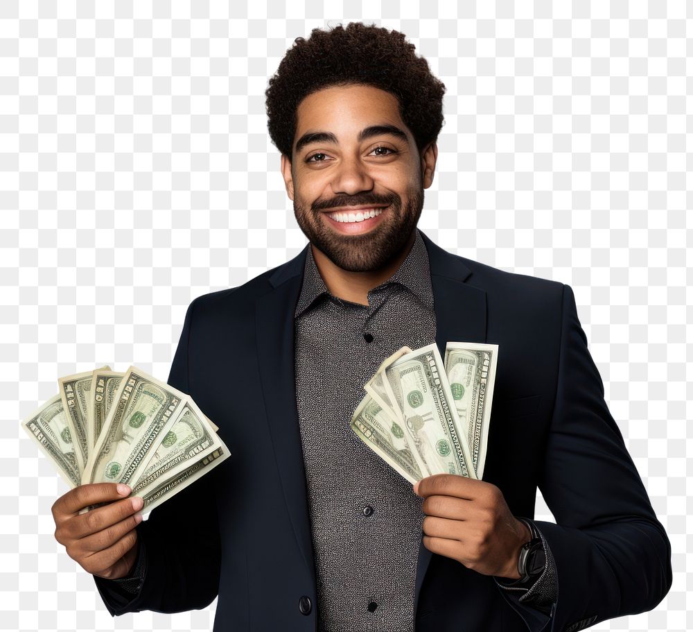 PNG Affrican american businessman holding a fan of bank notes money smile adult.