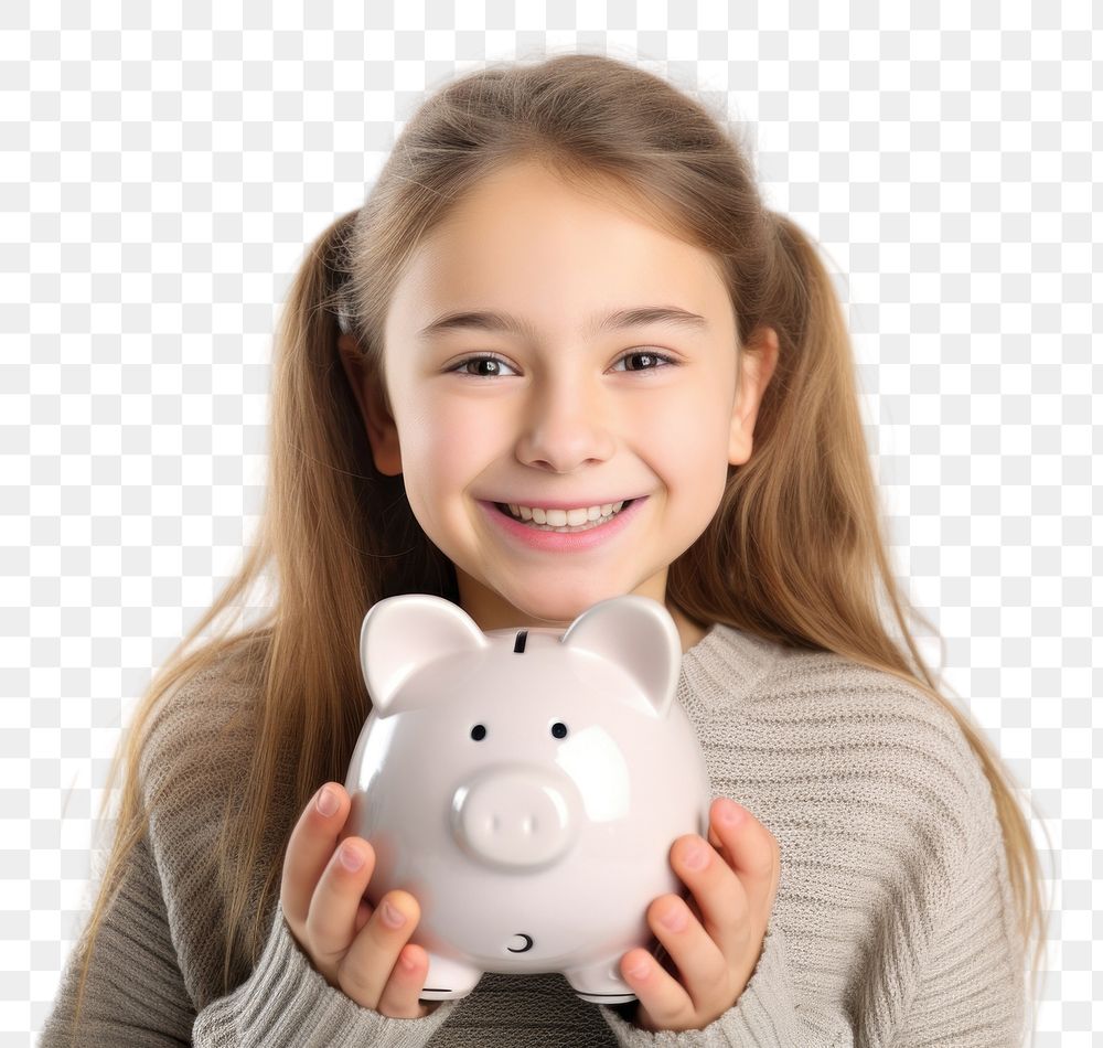 PNG Girl holding his piggy bank child investment retirement.