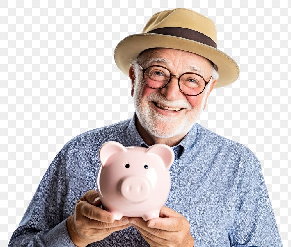 PNG Man holding his piggy bank adult retirement investment.